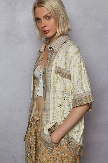 POL Printed Button Down Patchwork Short Sleeve Shirt - Bitsy Gypsy Boutique