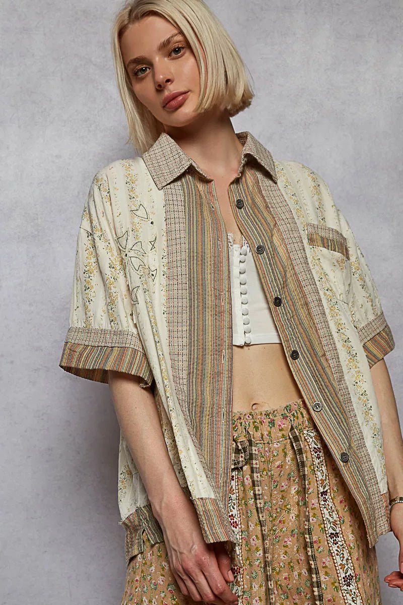 POL Printed Button Down Patchwork Short Sleeve Shirt - Bitsy Gypsy Boutique