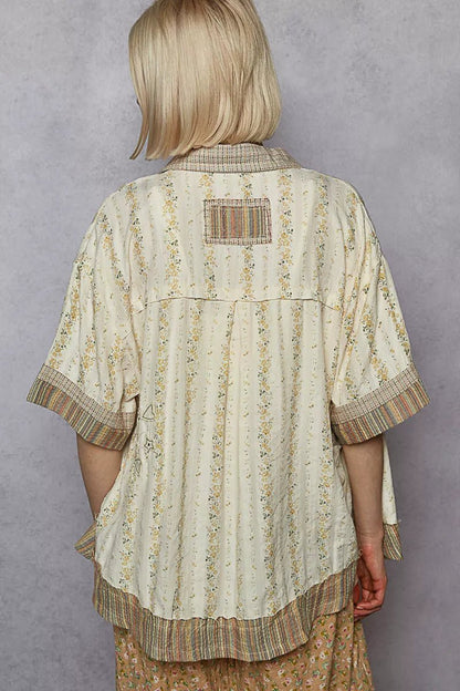 POL Printed Button Down Patchwork Short Sleeve Shirt - Bitsy Gypsy Boutique