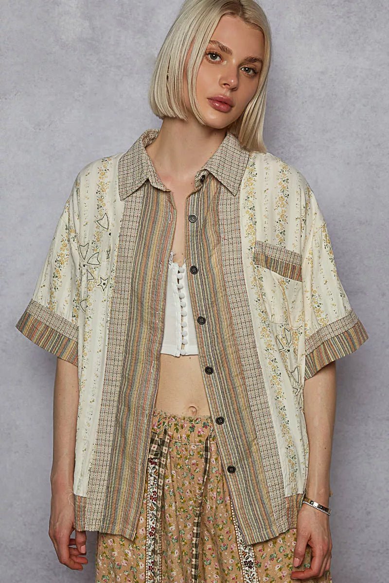 POL Printed Button Down Patchwork Short Sleeve Shirt - Bitsy Gypsy Boutique