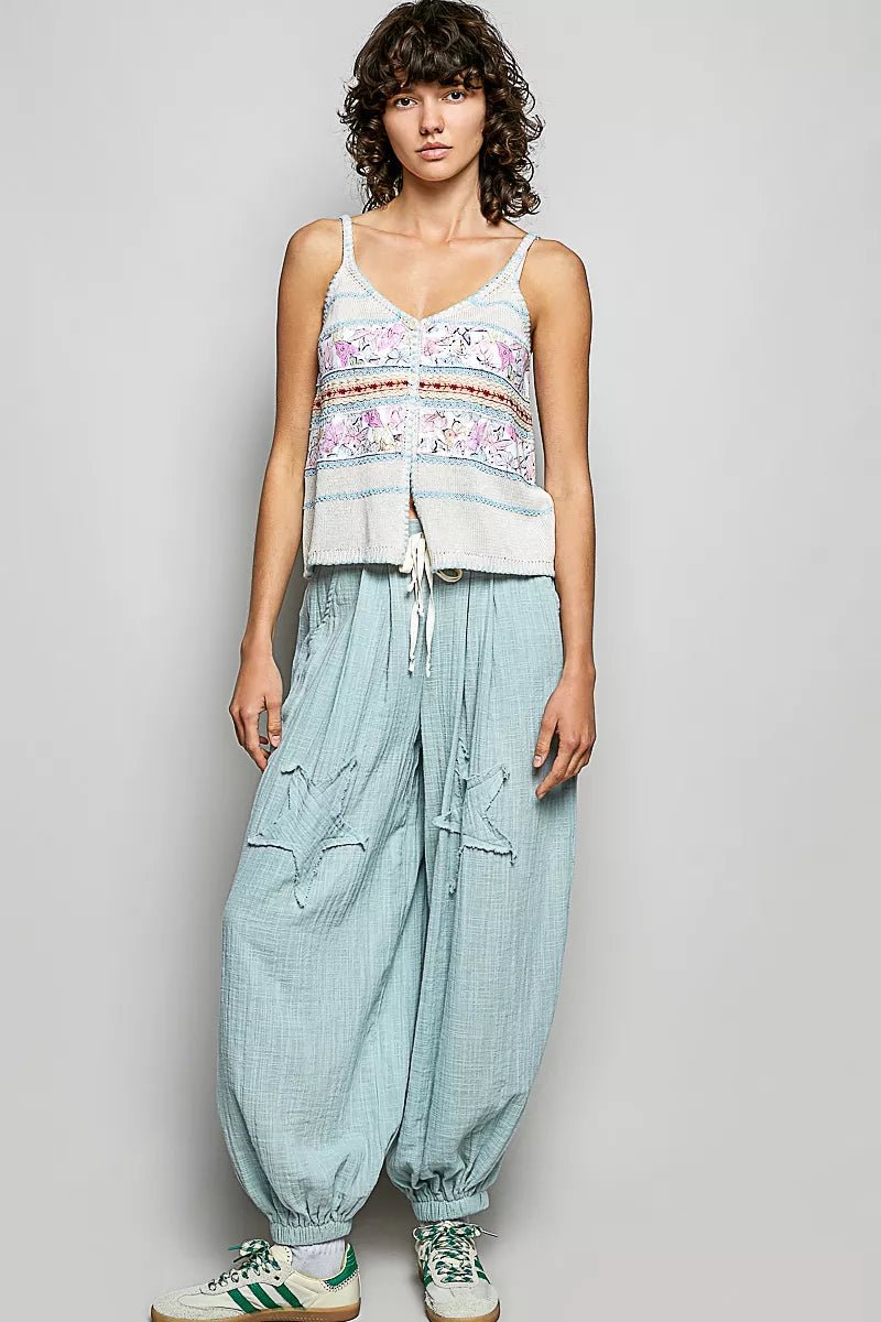 POL Printed Contrast Button Down Cami with Trim Detail and Blanket Stitch - Bitsy Gypsy Boutique
