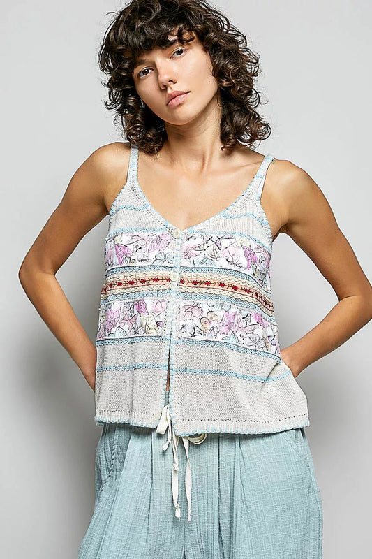 POL Printed Contrast Button Down Cami with Trim Detail and Blanket Stitch - Bitsy Gypsy Boutique