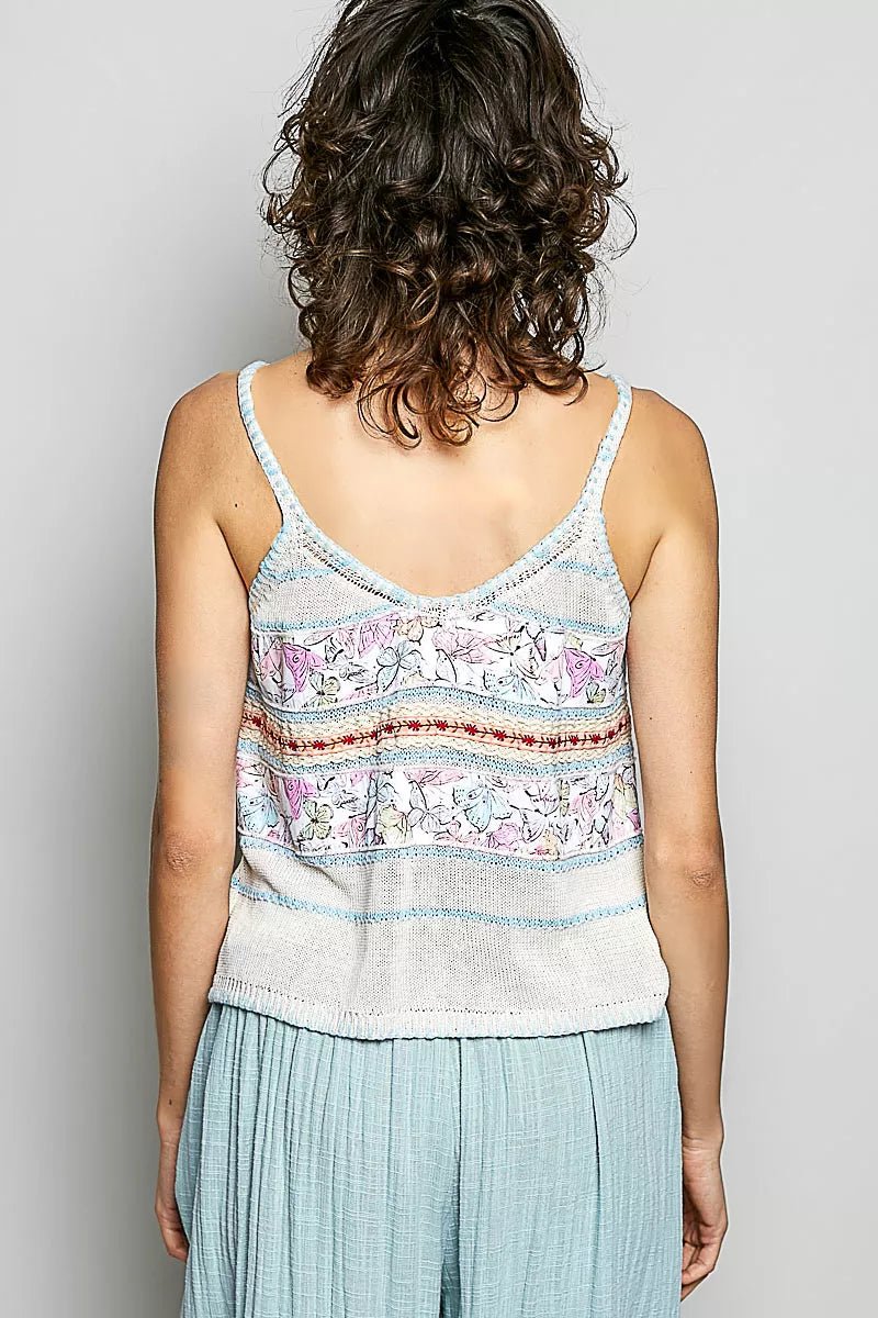 POL Printed Contrast Button Down Cami with Trim Detail and Blanket Stitch - Bitsy Gypsy Boutique