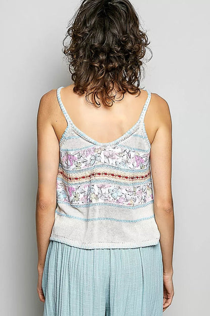POL Printed Contrast Button Down Cami with Trim Detail and Blanket Stitch - Bitsy Gypsy Boutique