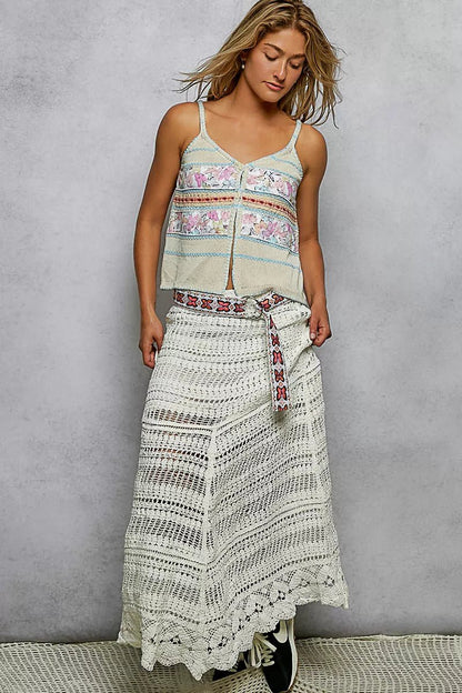 POL Printed Contrast Button Down Cami with Trim Detail and Blanket Stitch - Bitsy Gypsy Boutique
