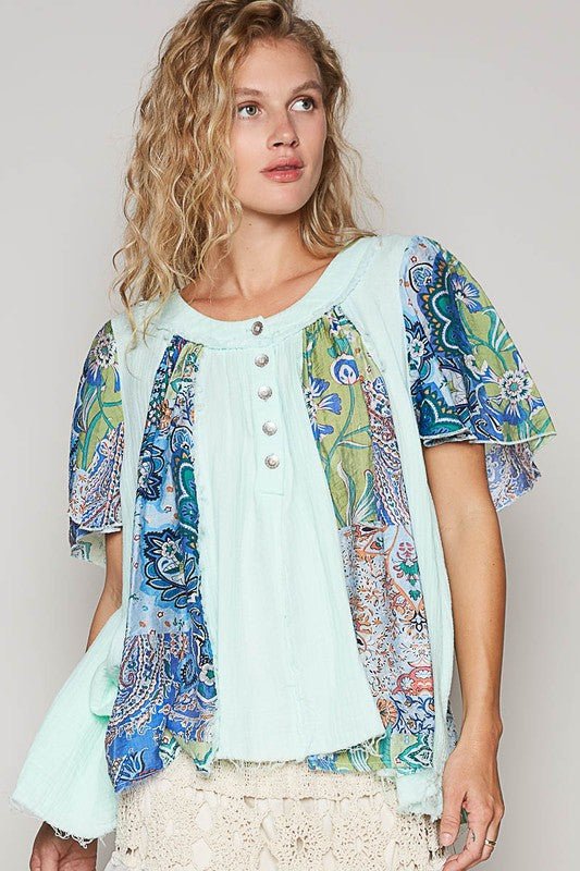 POL Printed Frayed Hem Half Button Short Sleeve Blouse - Bitsy Gypsy Boutique