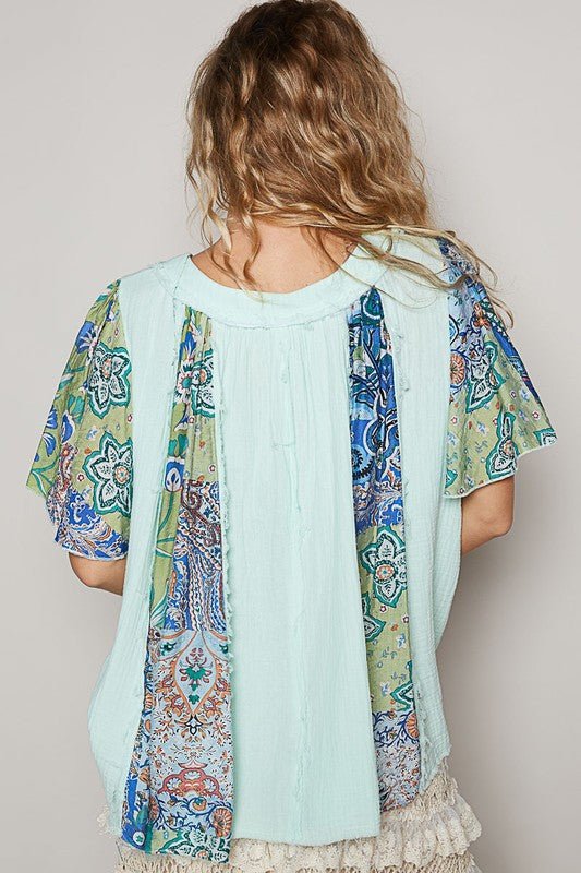 POL Printed Frayed Hem Half Button Short Sleeve Blouse - Bitsy Gypsy Boutique