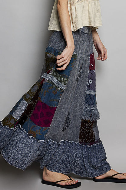 POL Printed Patchwork Embroidered Ruffled Skirt - Bitsy Gypsy Boutique