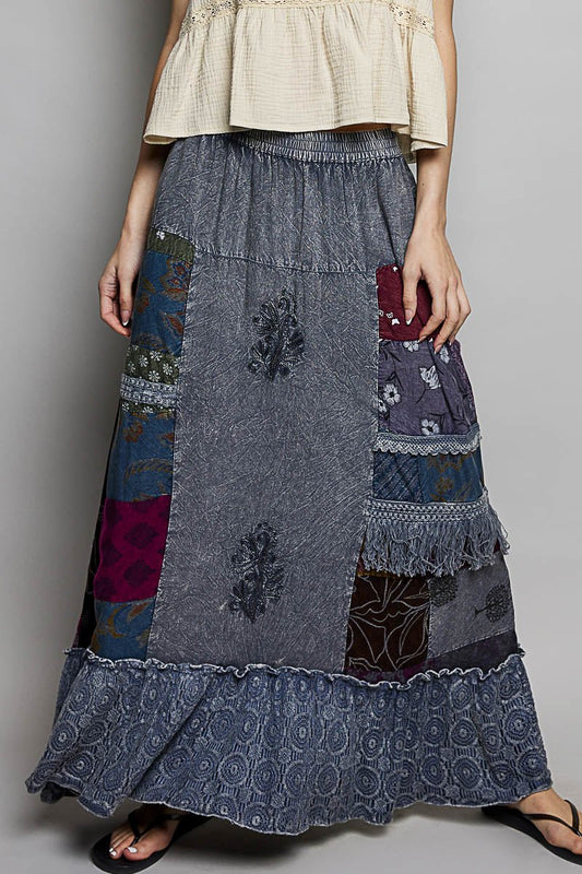 POL Printed Patchwork Embroidered Ruffled Skirt - Bitsy Gypsy Boutique