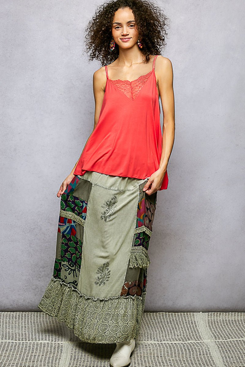 POL Printed Patchwork Embroidered Ruffled Skirt - Bitsy Gypsy Boutique