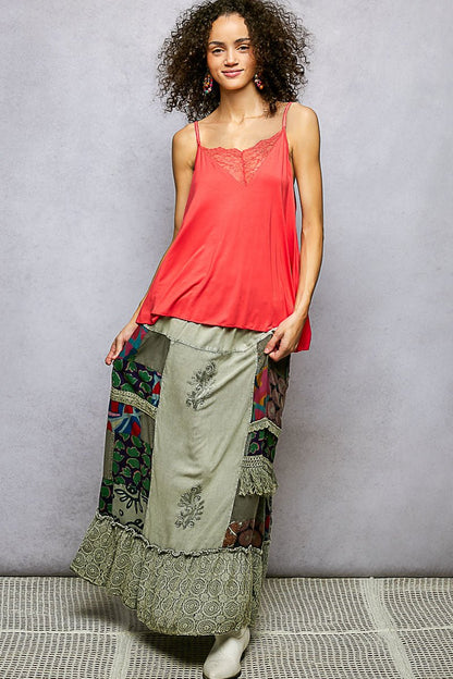 POL Printed Patchwork Embroidered Ruffled Skirt - Bitsy Gypsy Boutique