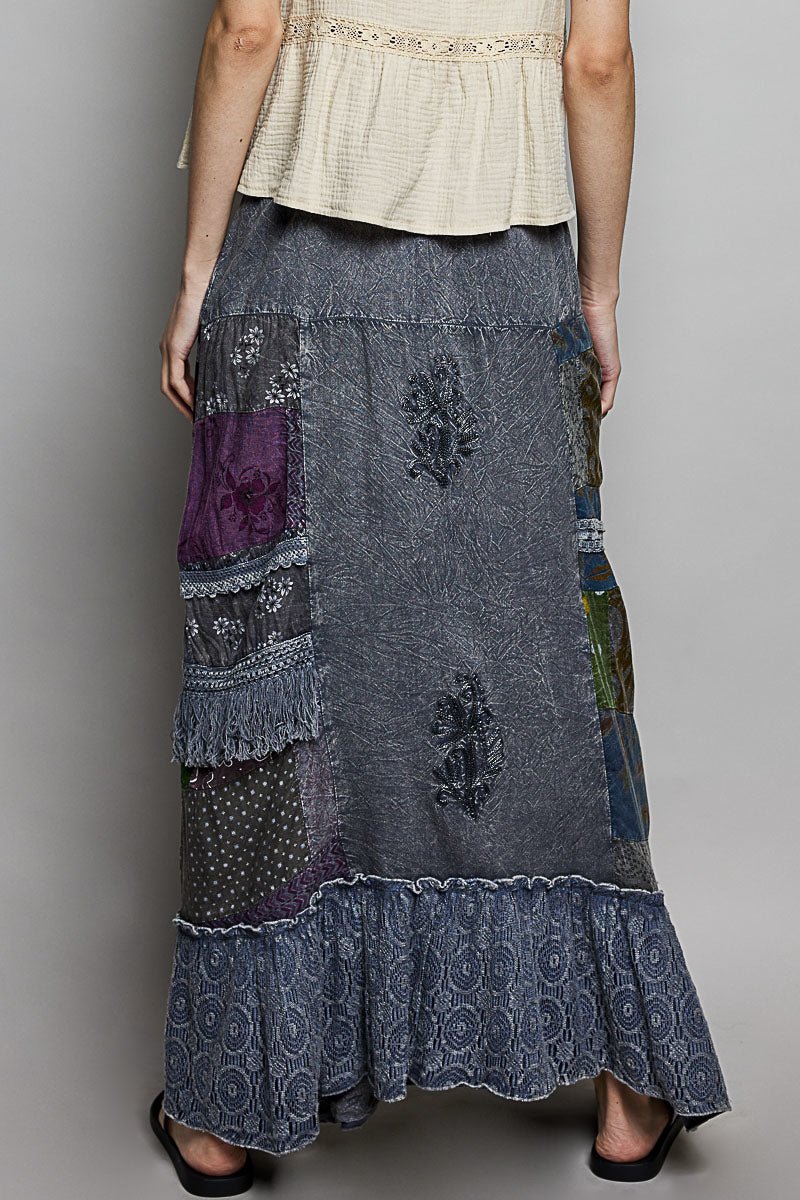 POL Printed Patchwork Embroidered Ruffled Skirt - Bitsy Gypsy Boutique