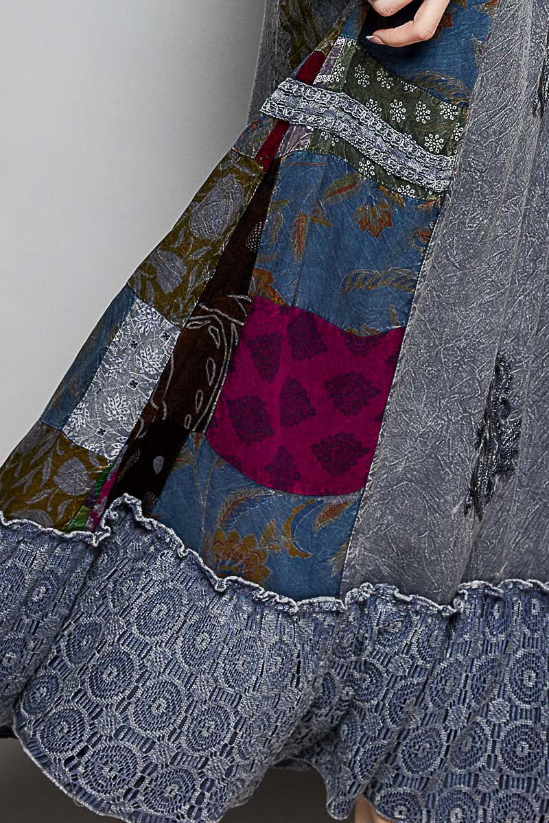 POL Printed Patchwork Embroidered Ruffled Skirt - Bitsy Gypsy Boutique