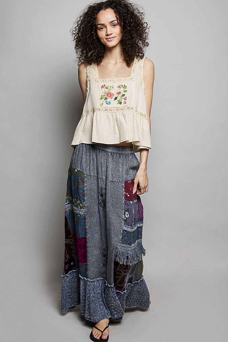 POL Printed Patchwork Embroidered Ruffled Skirt - Bitsy Gypsy Boutique