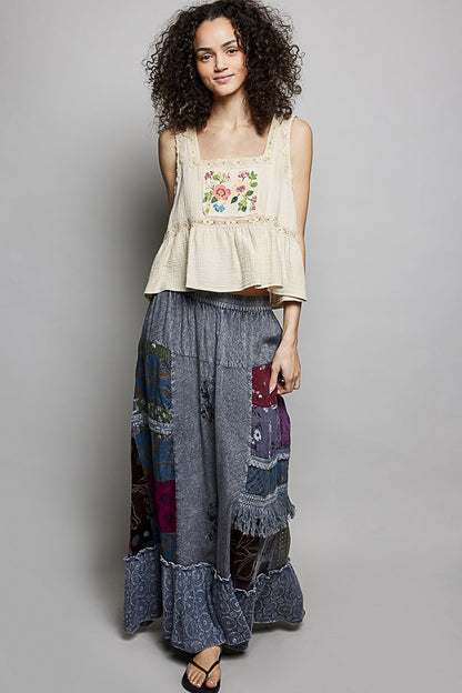 POL Printed Patchwork Embroidered Ruffled Skirt - Bitsy Gypsy Boutique