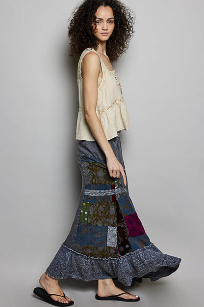 POL Printed Patchwork Embroidered Ruffled Skirt - Bitsy Gypsy Boutique