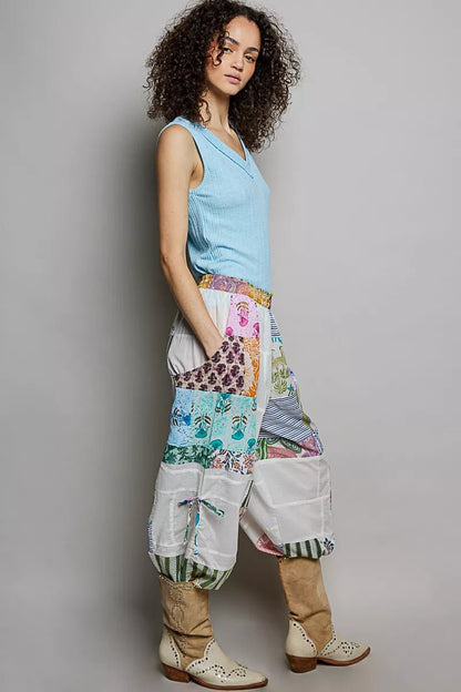 POL Printed Patchwork Wide Leg Pants with Adjustable Side Drawstring - Bitsy Gypsy Boutique