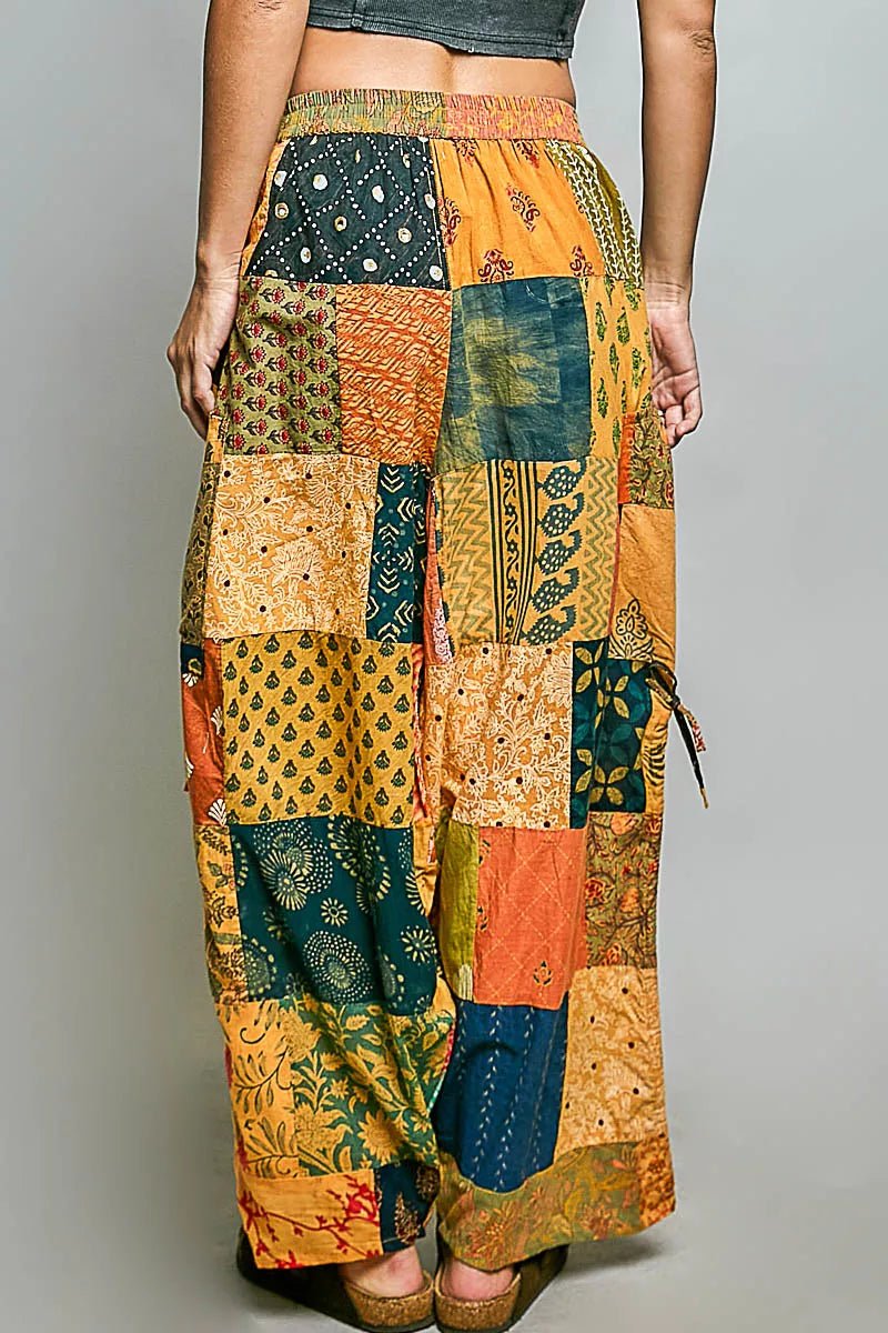 POL Printed Patchwork Wide Leg Pants with Adjustable Side Drawstring - Bitsy Gypsy Boutique