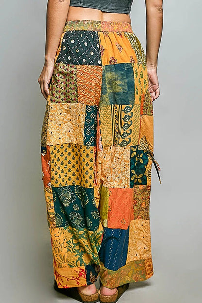 POL Printed Patchwork Wide Leg Pants with Adjustable Side Drawstring - Bitsy Gypsy Boutique