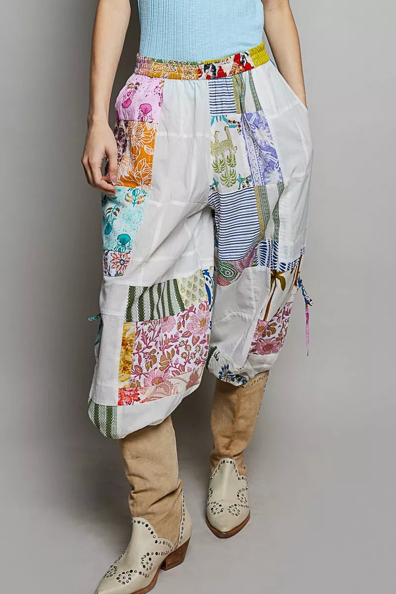 POL Printed Patchwork Wide Leg Pants with Adjustable Side Drawstring - Bitsy Gypsy Boutique