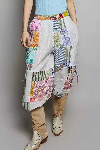 POL Printed Patchwork Wide Leg Pants with Adjustable Side Drawstring - Bitsy Gypsy Boutique