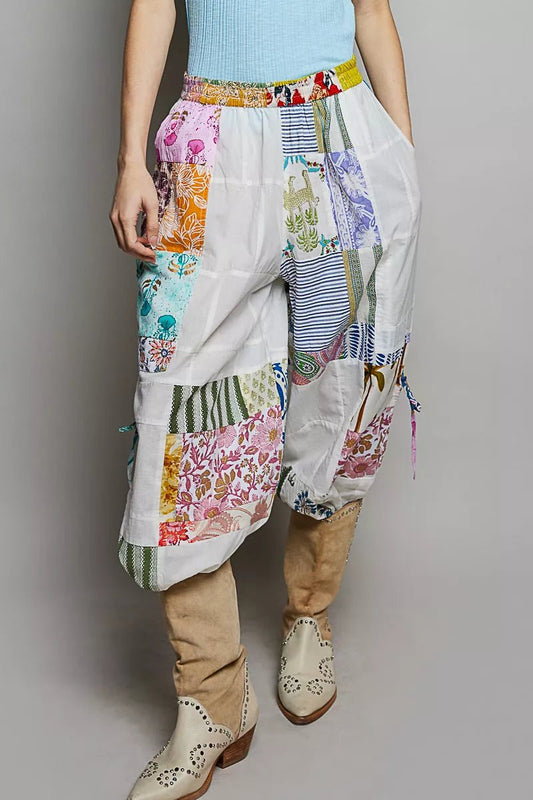POL Printed Patchwork Wide Leg Pants with Adjustable Side Drawstring - Bitsy Gypsy Boutique