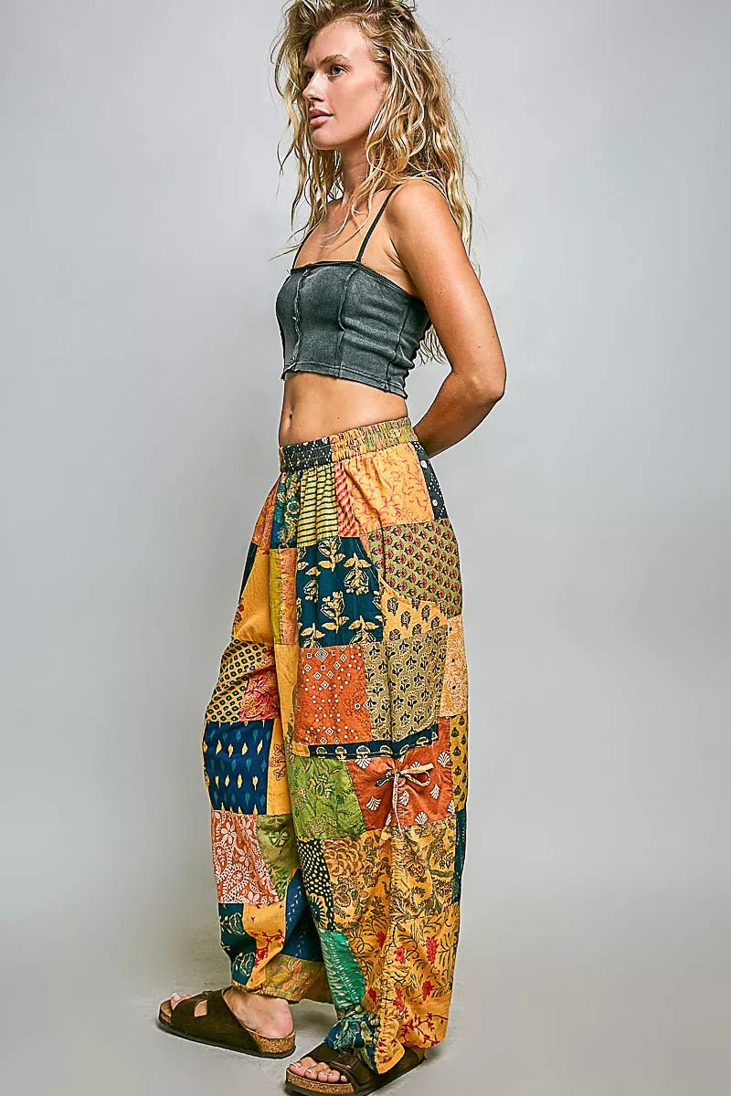 POL Printed Patchwork Wide Leg Pants with Adjustable Side Drawstring - Bitsy Gypsy Boutique