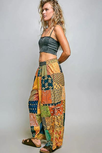 POL Printed Patchwork Wide Leg Pants with Adjustable Side Drawstring - Bitsy Gypsy Boutique