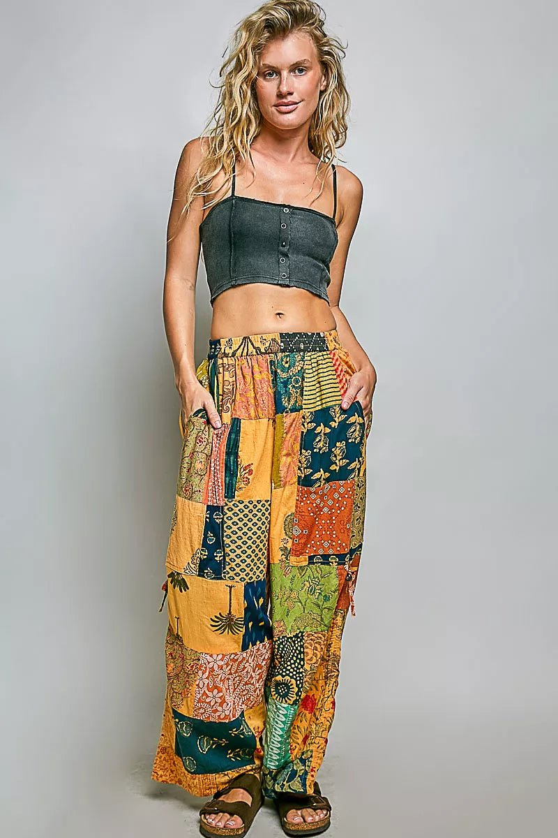 POL Printed Patchwork Wide Leg Pants with Adjustable Side Drawstring - Bitsy Gypsy Boutique