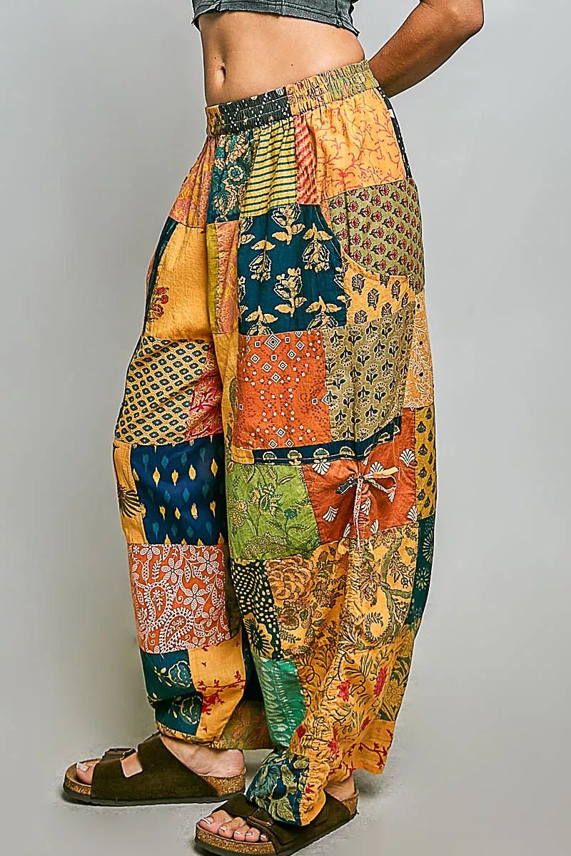 POL Printed Patchwork Wide Leg Pants with Adjustable Side Drawstring - Bitsy Gypsy Boutique