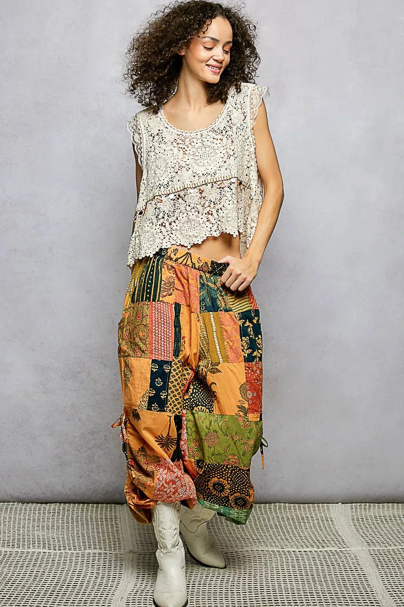 POL Printed Patchwork Wide Leg Pants with Adjustable Side Drawstring - Bitsy Gypsy Boutique
