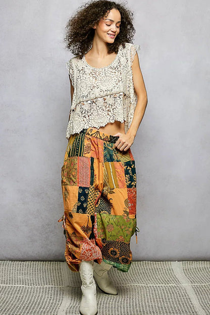 POL Printed Patchwork Wide Leg Pants with Adjustable Side Drawstring - Bitsy Gypsy Boutique