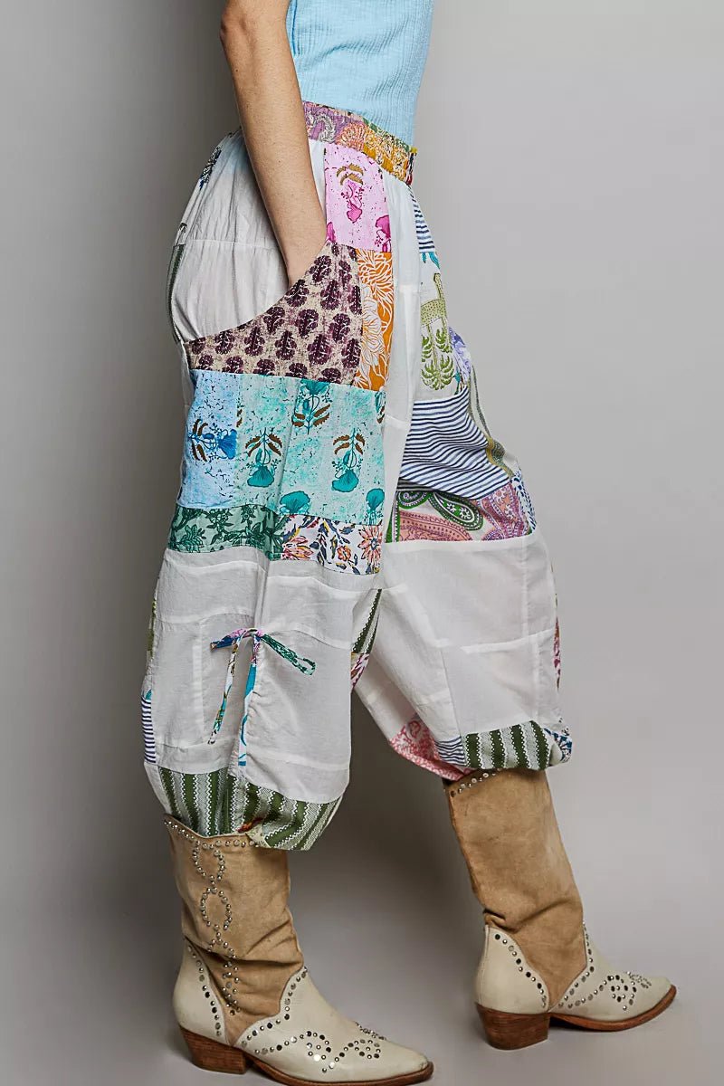 POL Printed Patchwork Wide Leg Pants with Adjustable Side Drawstring - Bitsy Gypsy Boutique
