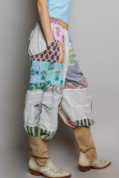 POL Printed Patchwork Wide Leg Pants with Adjustable Side Drawstring - Bitsy Gypsy Boutique