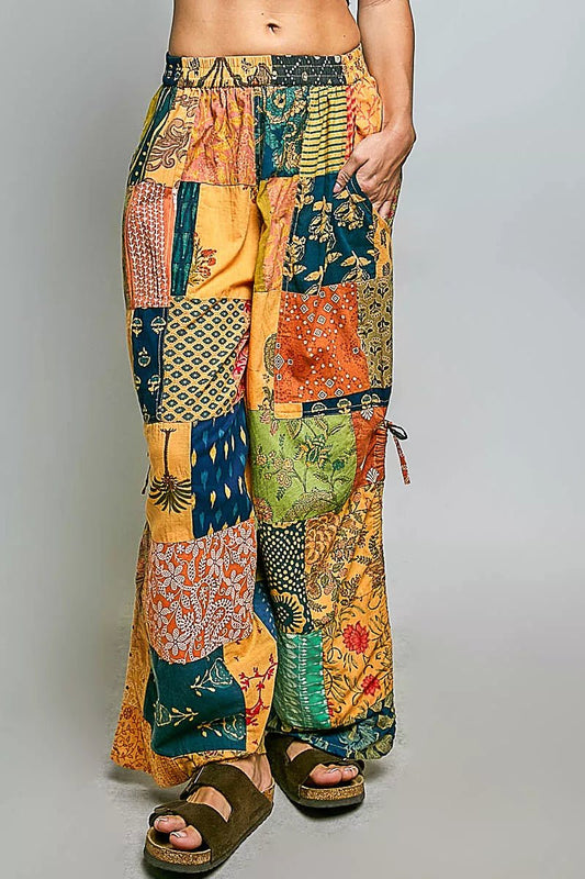 POL Printed Patchwork Wide Leg Pants with Adjustable Side Drawstring - Bitsy Gypsy Boutique
