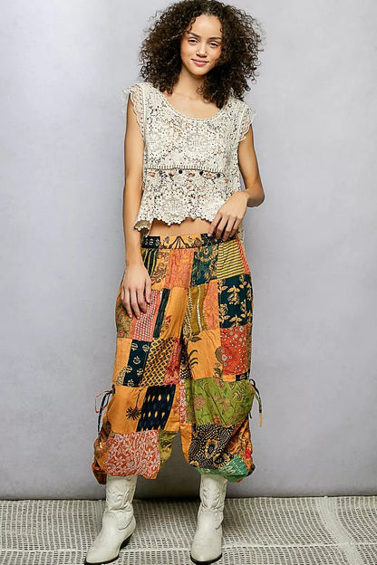 POL Printed Patchwork Wide Leg Pants with Adjustable Side Drawstring - Bitsy Gypsy Boutique