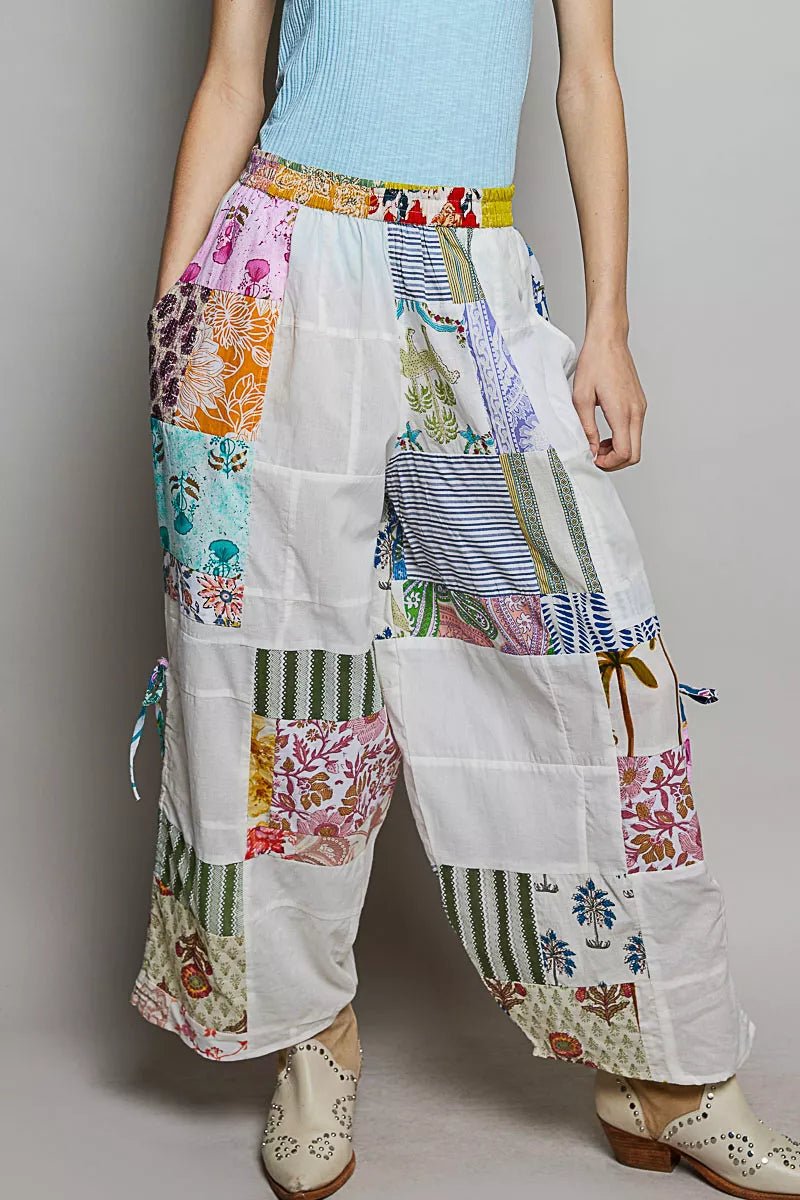 POL Printed Patchwork Wide Leg Pants with Adjustable Side Drawstring - Bitsy Gypsy Boutique