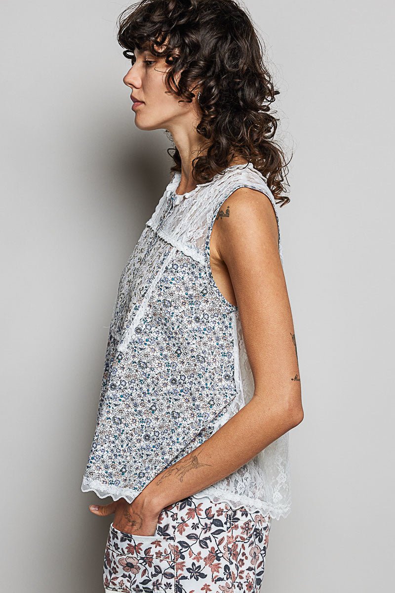 POL Printed Woven Lace Back Round Neck Sleeveless Top - Bitsy Gypsy Boutique