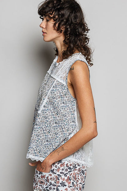 POL Printed Woven Lace Back Round Neck Sleeveless Top - Bitsy Gypsy Boutique