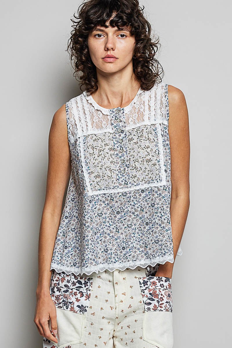 POL Printed Woven Lace Back Round Neck Sleeveless Top - Bitsy Gypsy Boutique