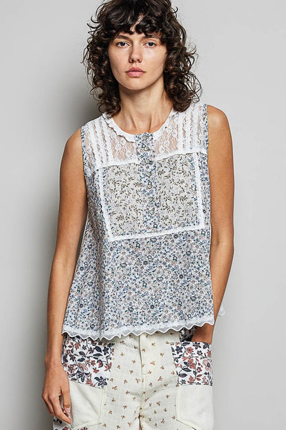 POL Printed Woven Lace Back Round Neck Sleeveless Top - Bitsy Gypsy Boutique
