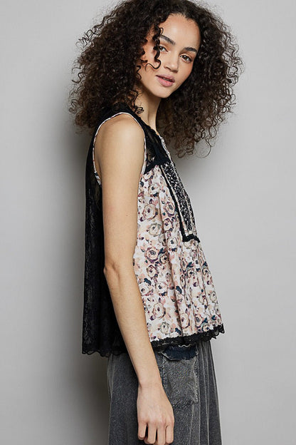 POL Printed Woven Lace Back Round Neck Sleeveless Top - Bitsy Gypsy Boutique