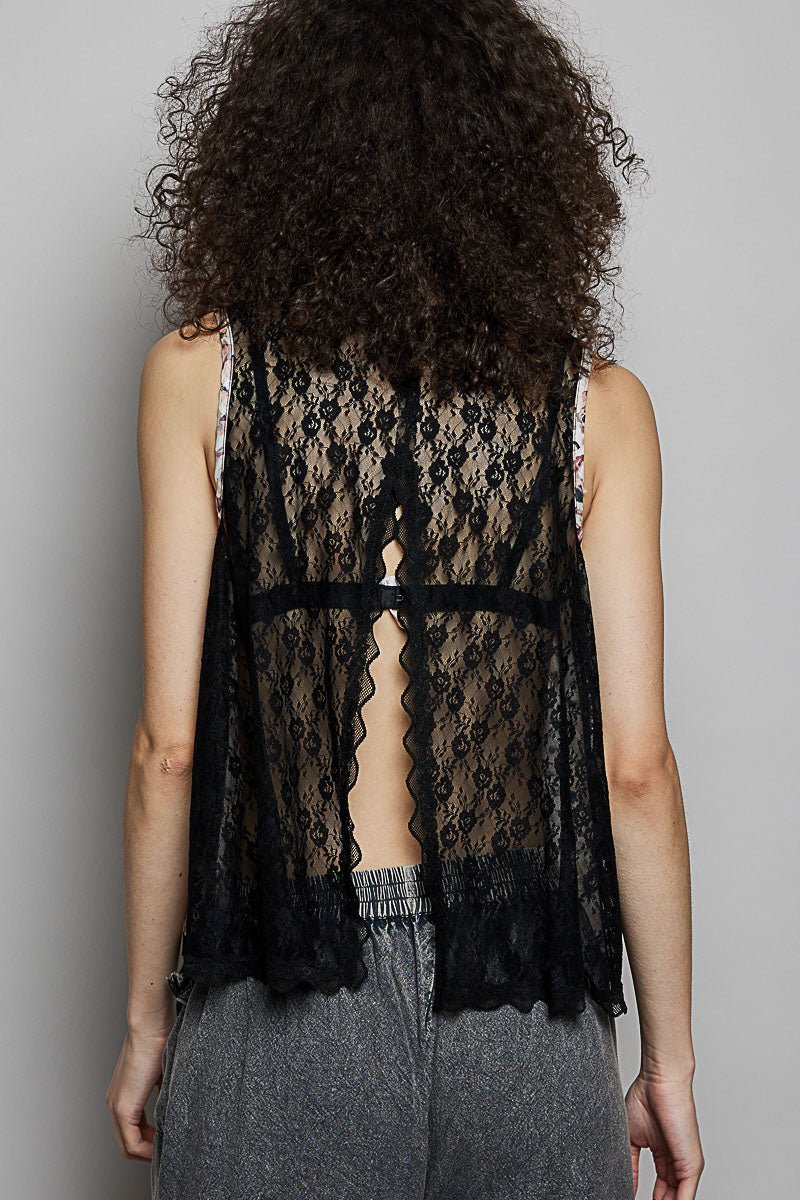 POL Printed Woven Lace Back Round Neck Sleeveless Top - Bitsy Gypsy Boutique