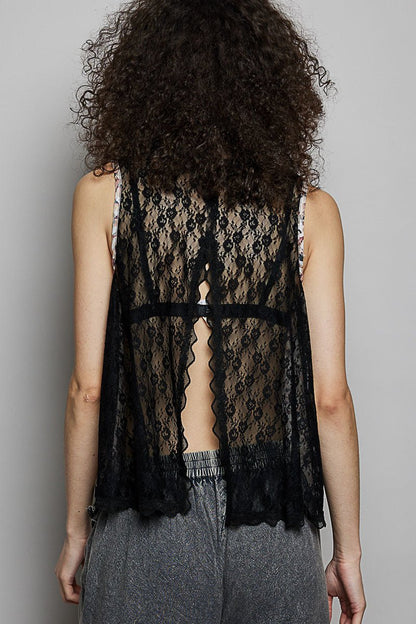 POL Printed Woven Lace Back Round Neck Sleeveless Top - Bitsy Gypsy Boutique