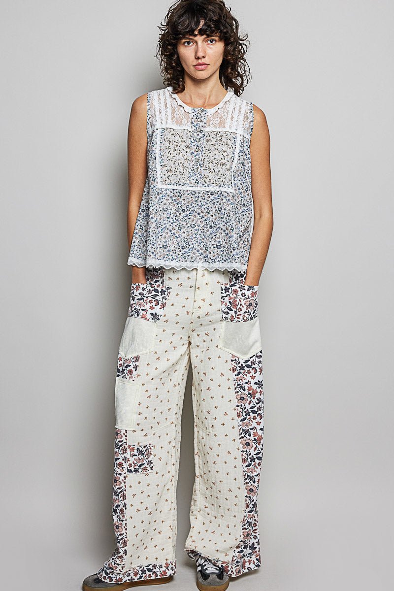 POL Printed Woven Lace Back Round Neck Sleeveless Top - Bitsy Gypsy Boutique
