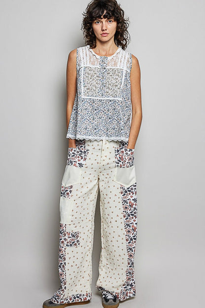POL Printed Woven Lace Back Round Neck Sleeveless Top - Bitsy Gypsy Boutique
