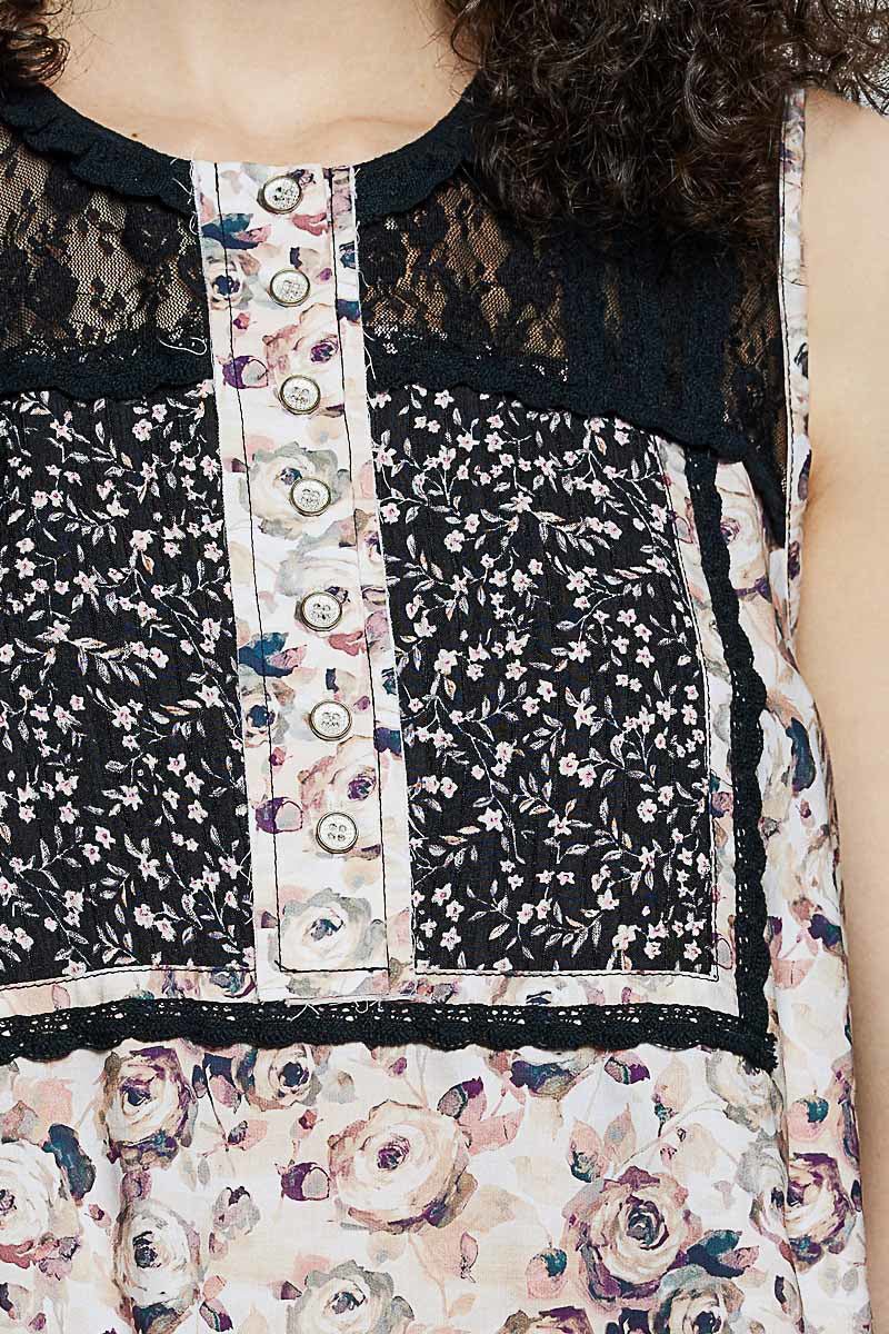 POL Printed Woven Lace Back Round Neck Sleeveless Top - Bitsy Gypsy Boutique