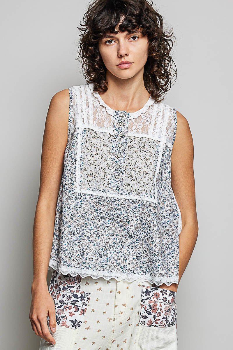 POL Printed Woven Lace Back Round Neck Sleeveless Top - Bitsy Gypsy Boutique