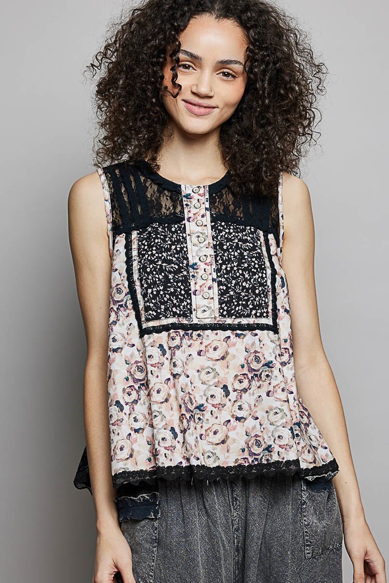 POL Printed Woven Lace Back Round Neck Sleeveless Top - Bitsy Gypsy Boutique