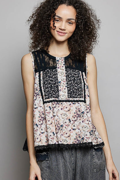 POL Printed Woven Lace Back Round Neck Sleeveless Top - Bitsy Gypsy Boutique